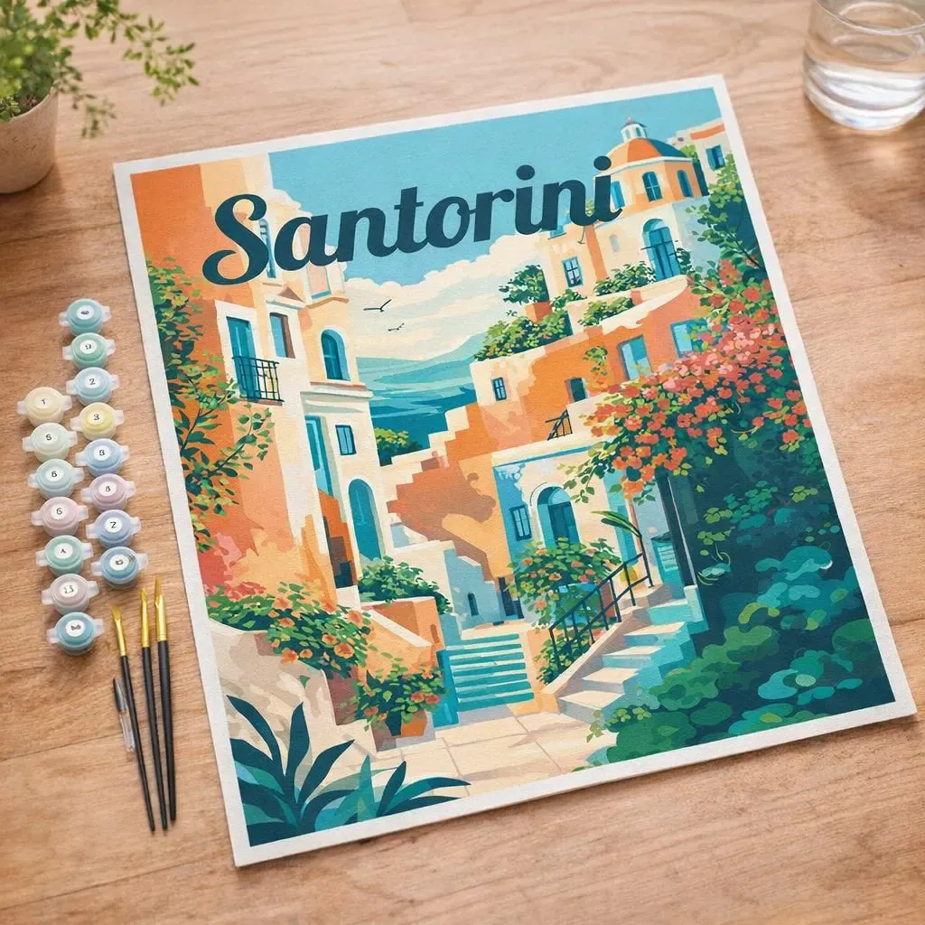 Peinture par numéro Affiche de voyage Santorin en fleurs