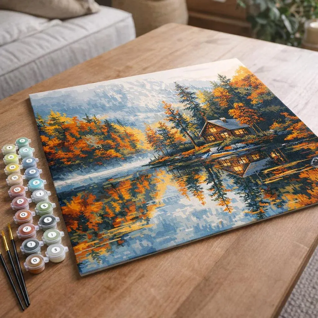 Peinture par numéro Cabane au bord du Lac en Automne
