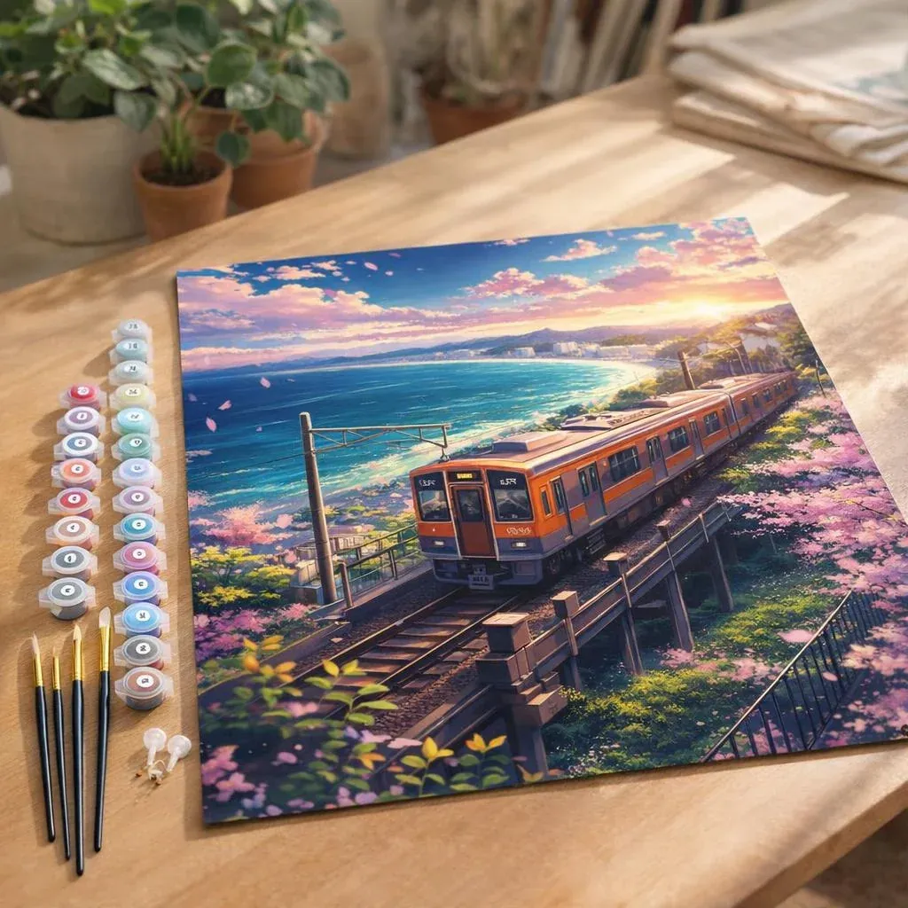 Peinture par numéro Chemin de Fer des Cerisiers en Fleurs au Bord de l’Océan