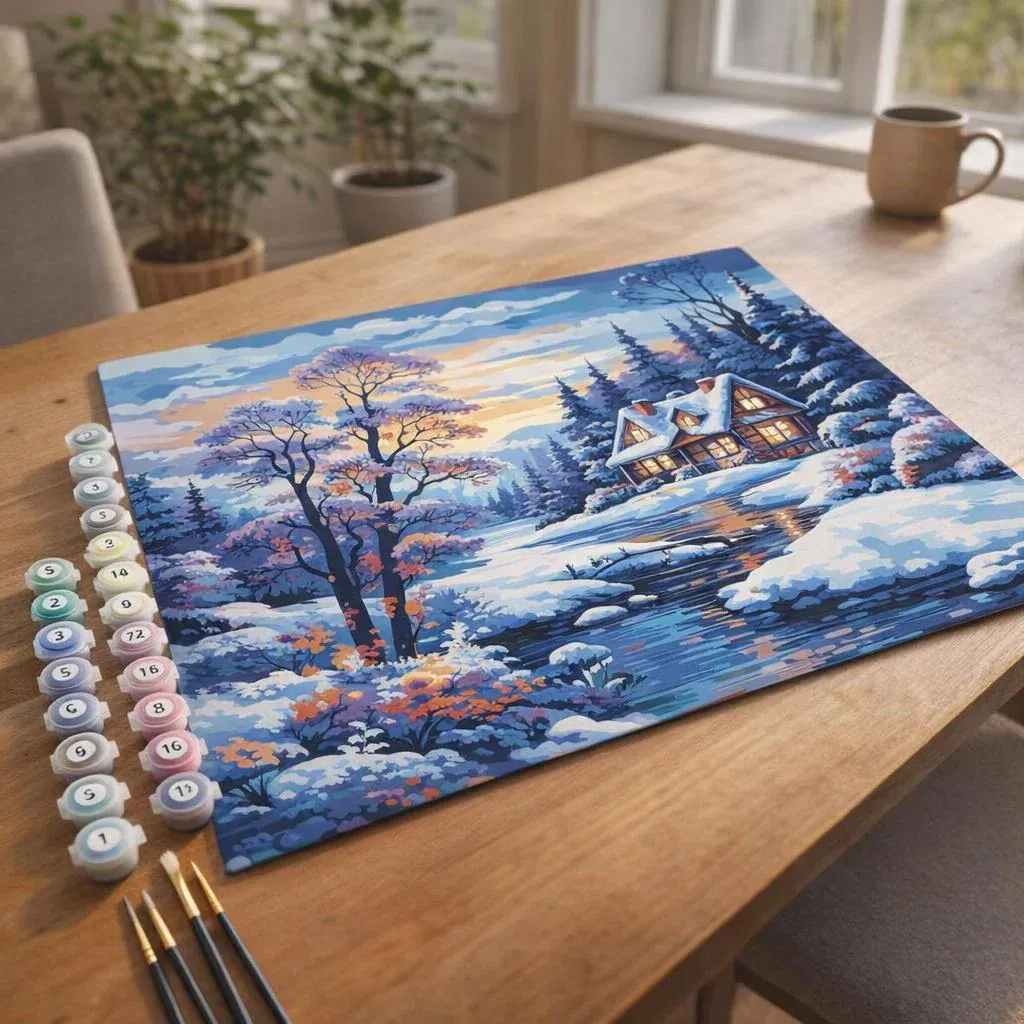 Peinture par numéro Cottage de la Rivière en Hiver