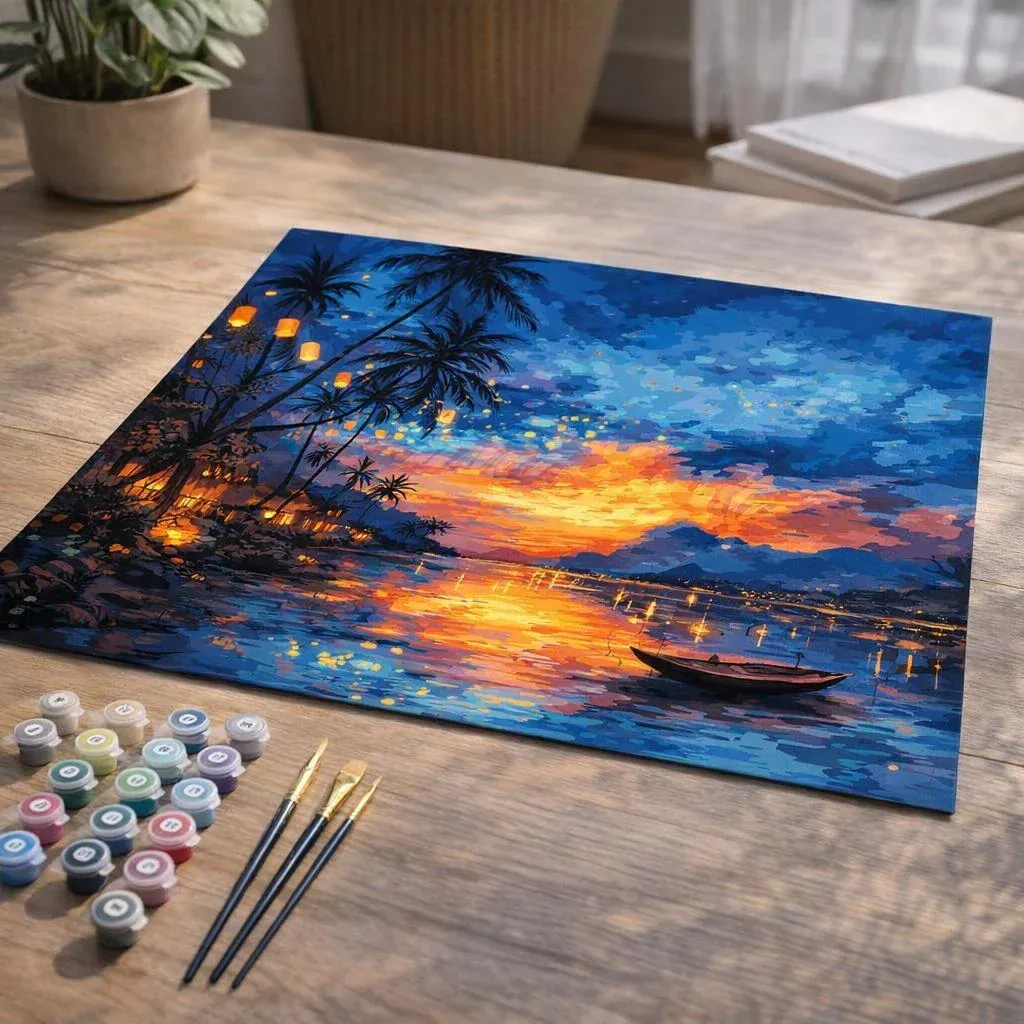 Peinture par numéro Coucher de soleil sur la plage et lanternes