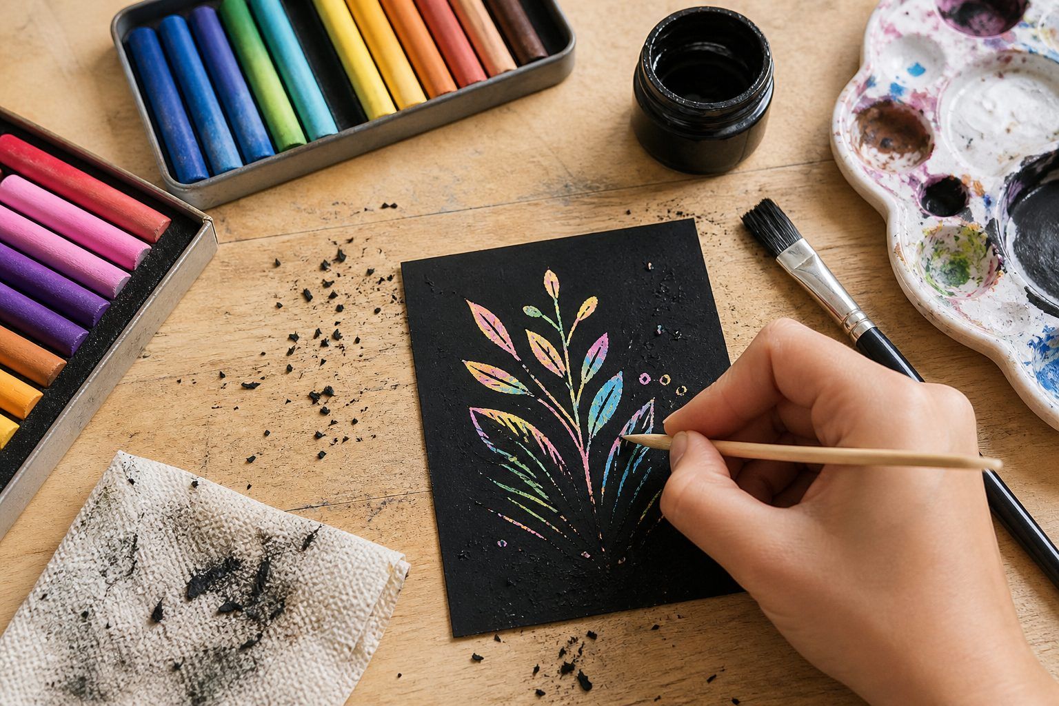 Faire une carte à gratter sans peinture acrylique, avec pastels et gouache