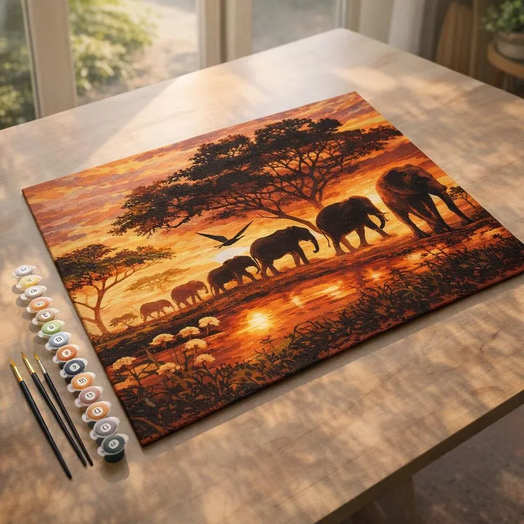 Peinture par numéro Eléphants au Coucher du soleil