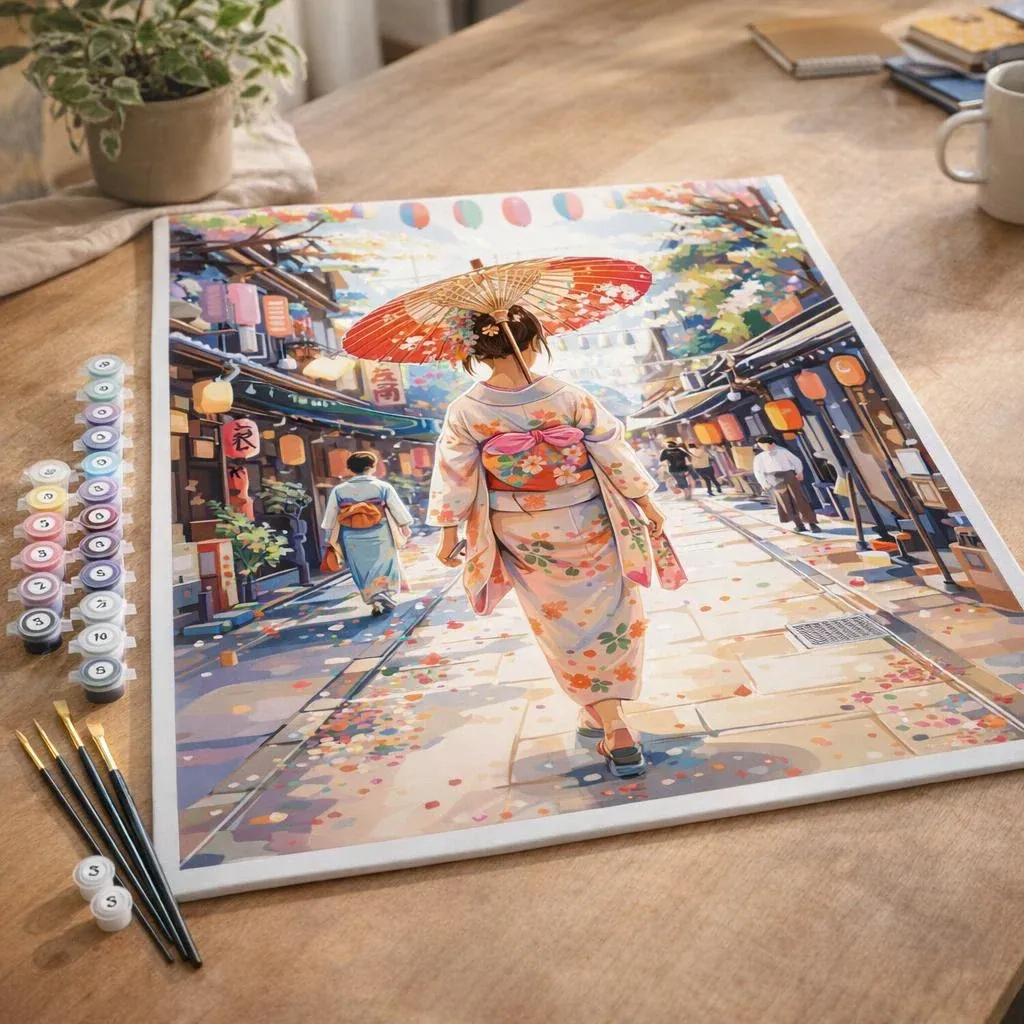 Peinture par numéro Femme en Yukata dans une Rue animée