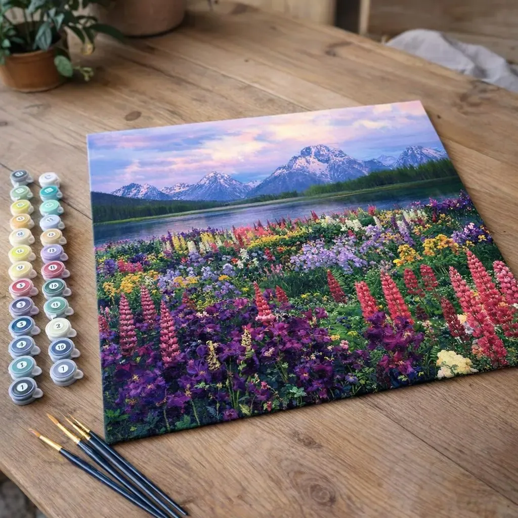 Peinture par numéro Fleurs et Lac au pied de la Montagne
