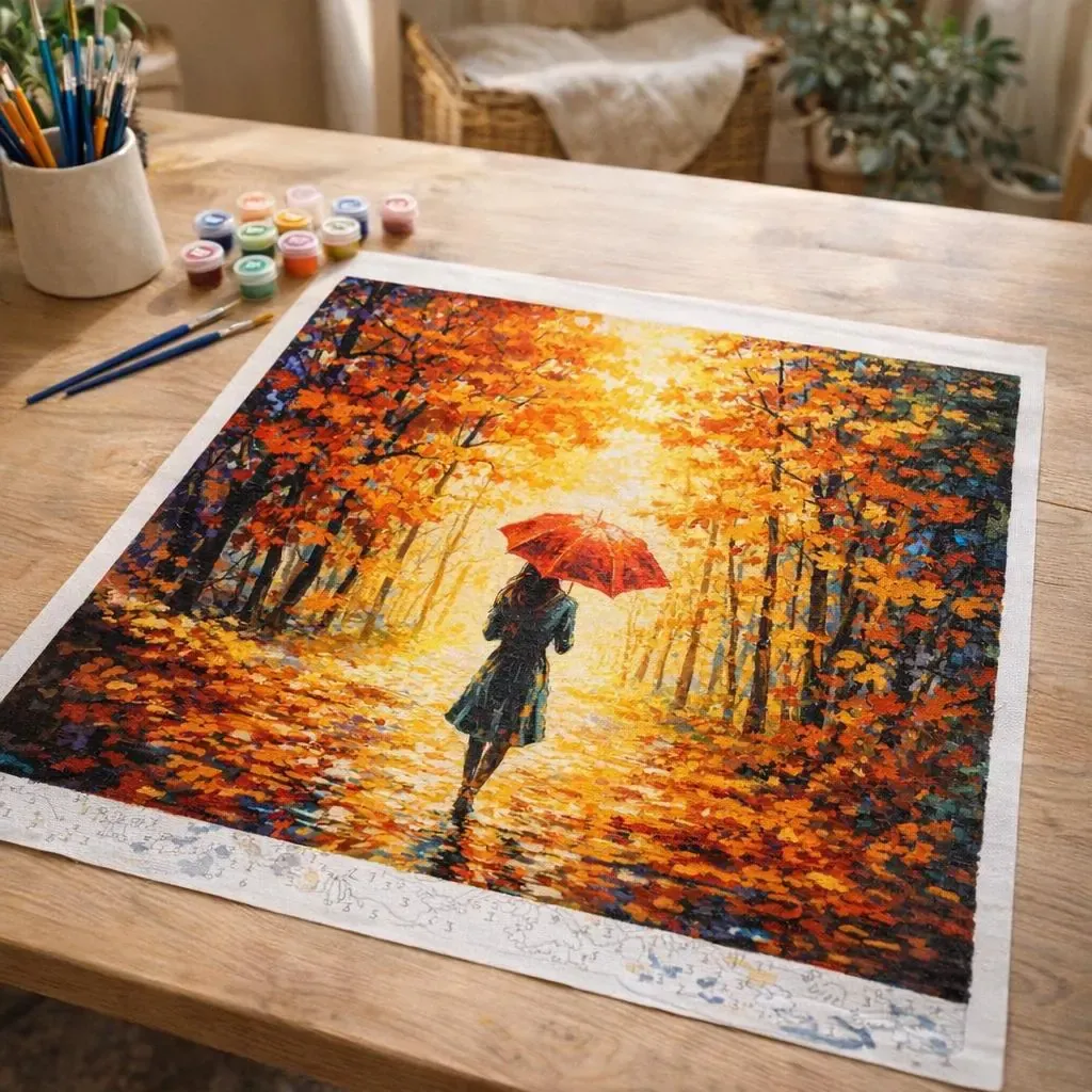 Peinture par numéro Forêt d’Automne et Femme au Parapluie