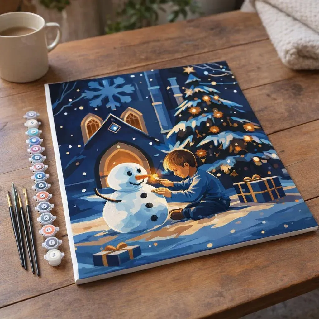 Peinture par numéro Garçon et Bonhomme de Neige par une Nuit d’Hiver