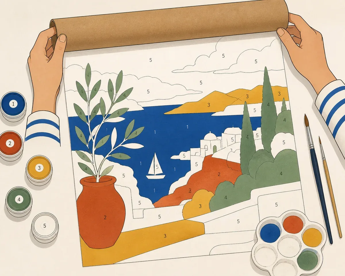 Un kit de peinture par numéro déballé : toile numérotée, godets et pinceaux
