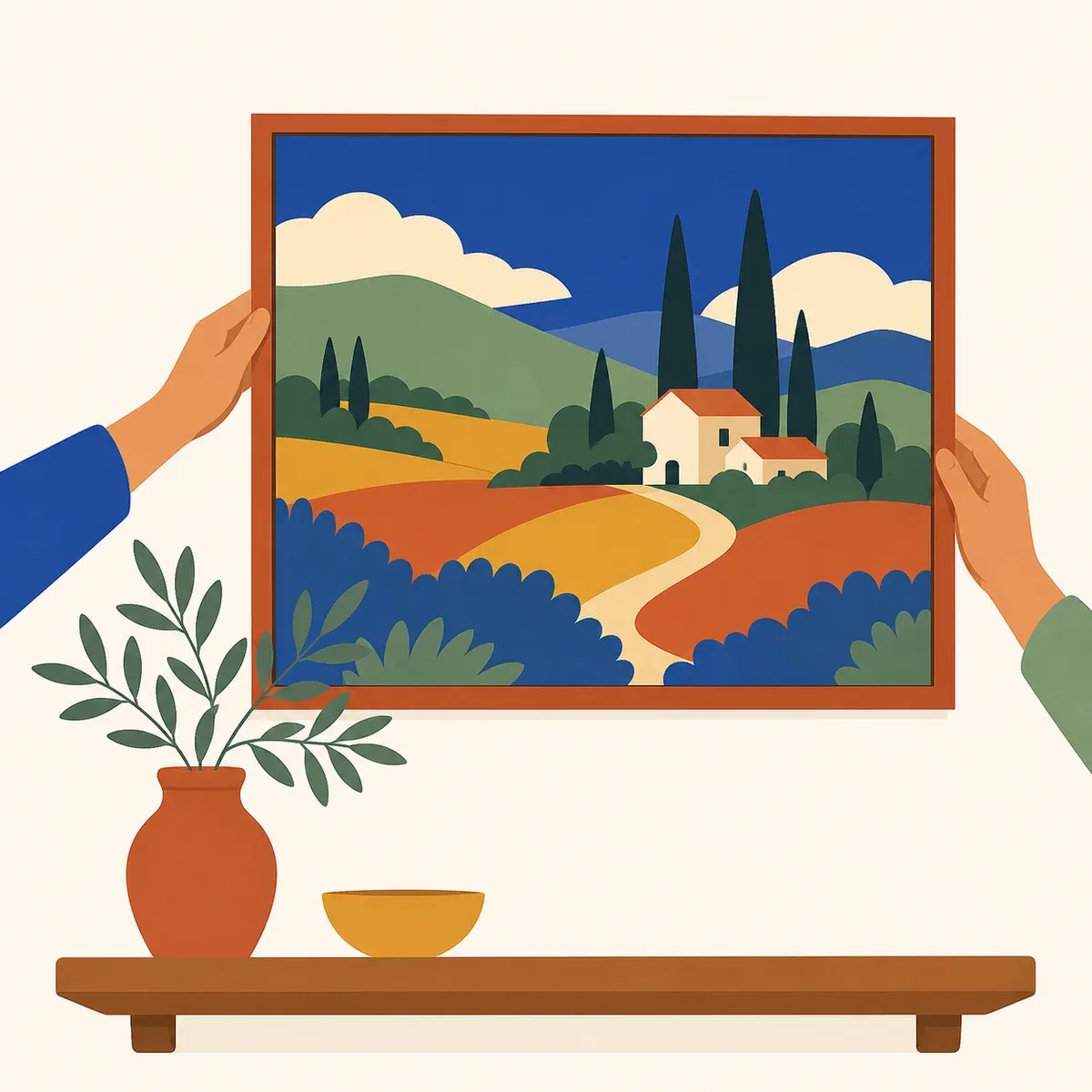 Une toile terminée accrochée au mur