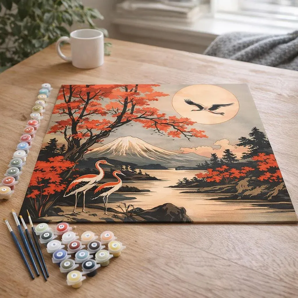 Peinture par numéro Grues et Vue sur le Mont Fuji