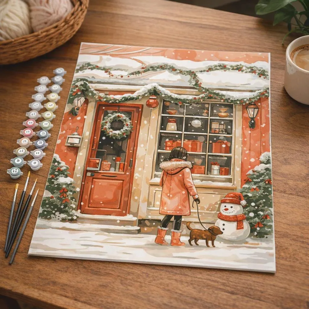 Peinture par numéro Jeune femme et son Chien à Noël