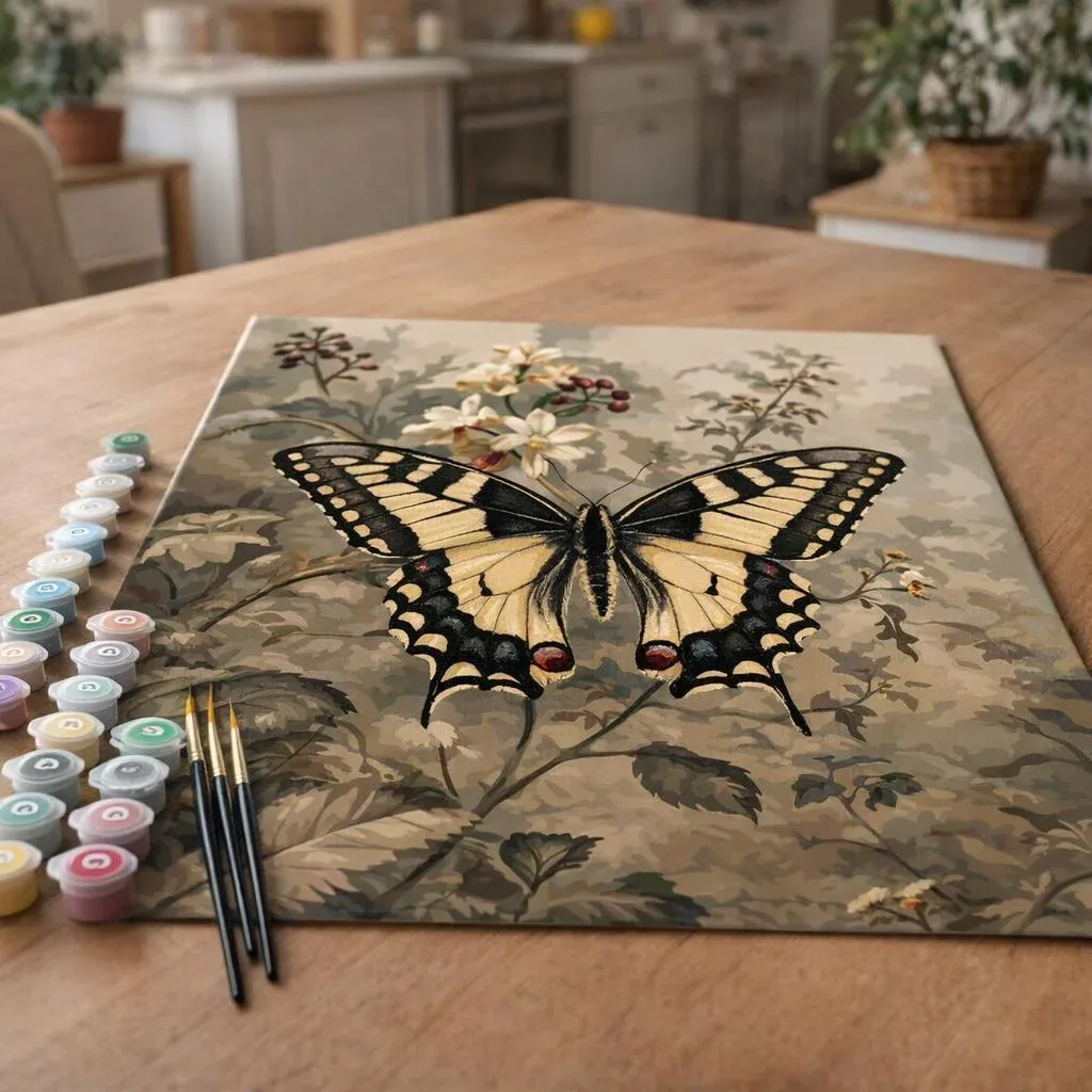 Peinture par numéro Machaon et Fleurs blanches
