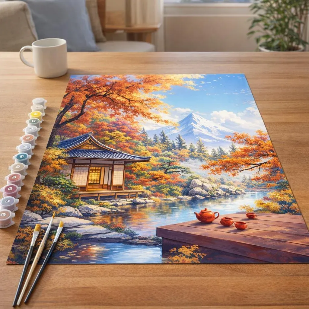 Peinture par numéro Maison de Thé d’Automne au Bord du Lac