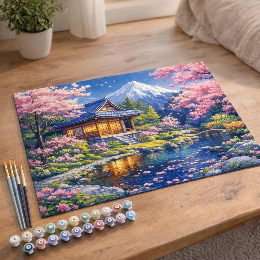 Peinture par numéro Maison et Cerisiers en Fleurs près de l’Étang