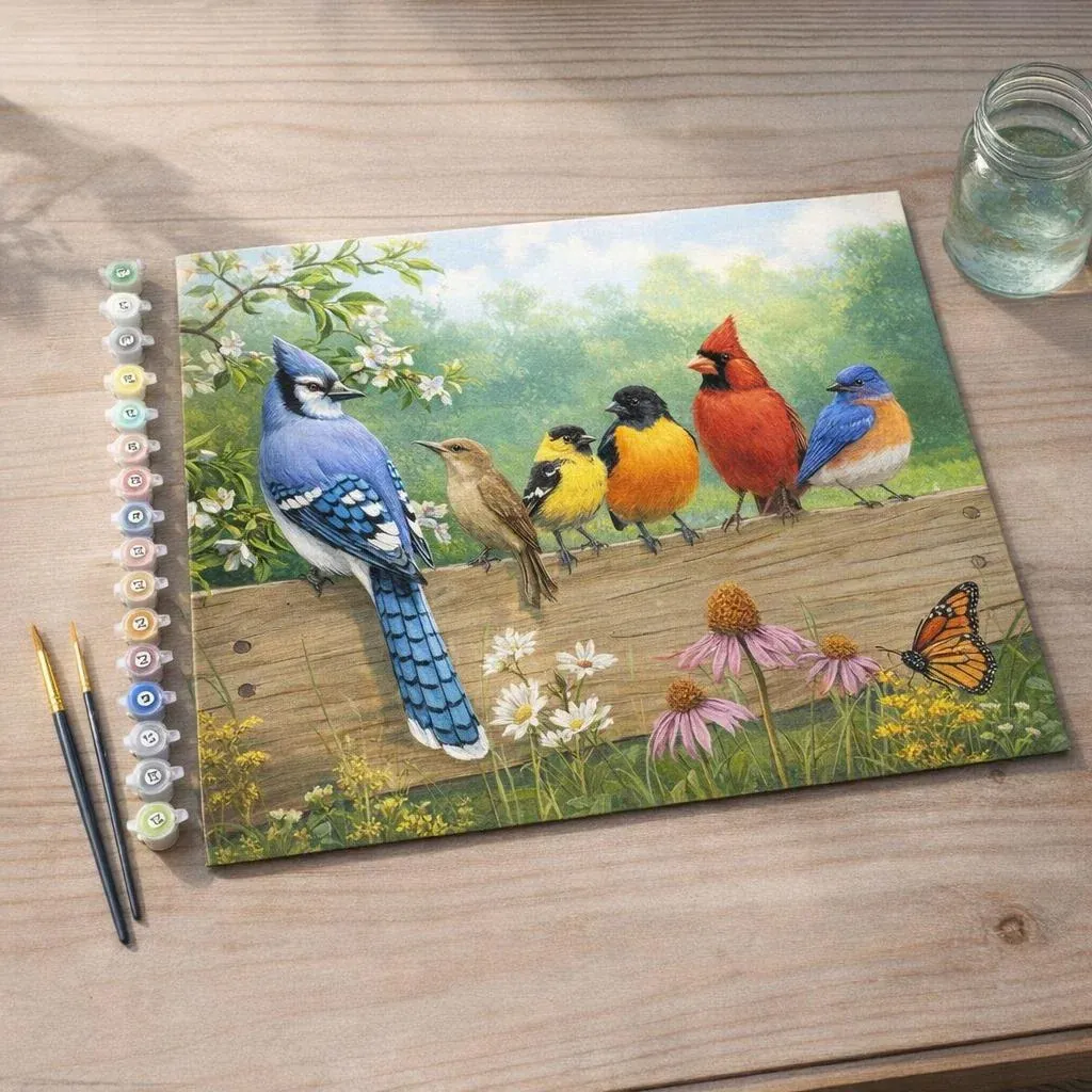 Peinture par numéro Oiseaux sur la barrière