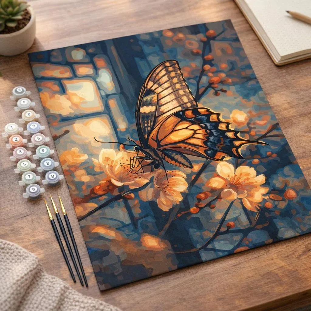 Peinture par numéro Papillon et Fleurs de Cerisiers