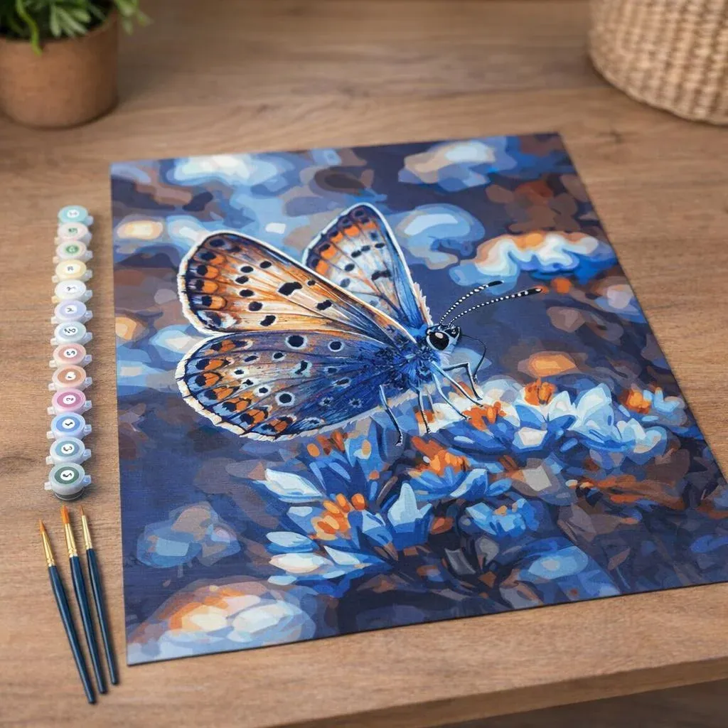 Peinture par numéro Papillons et Fleurs bleues
