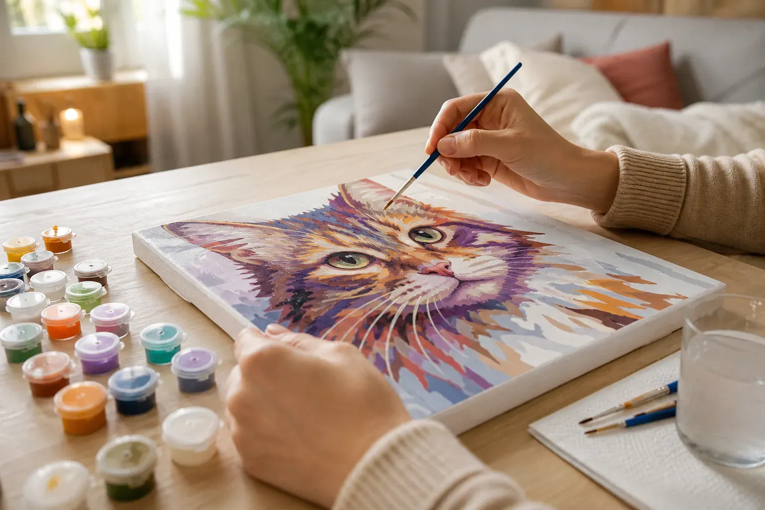 La peinture par numéros de chat trouve sa place au mur