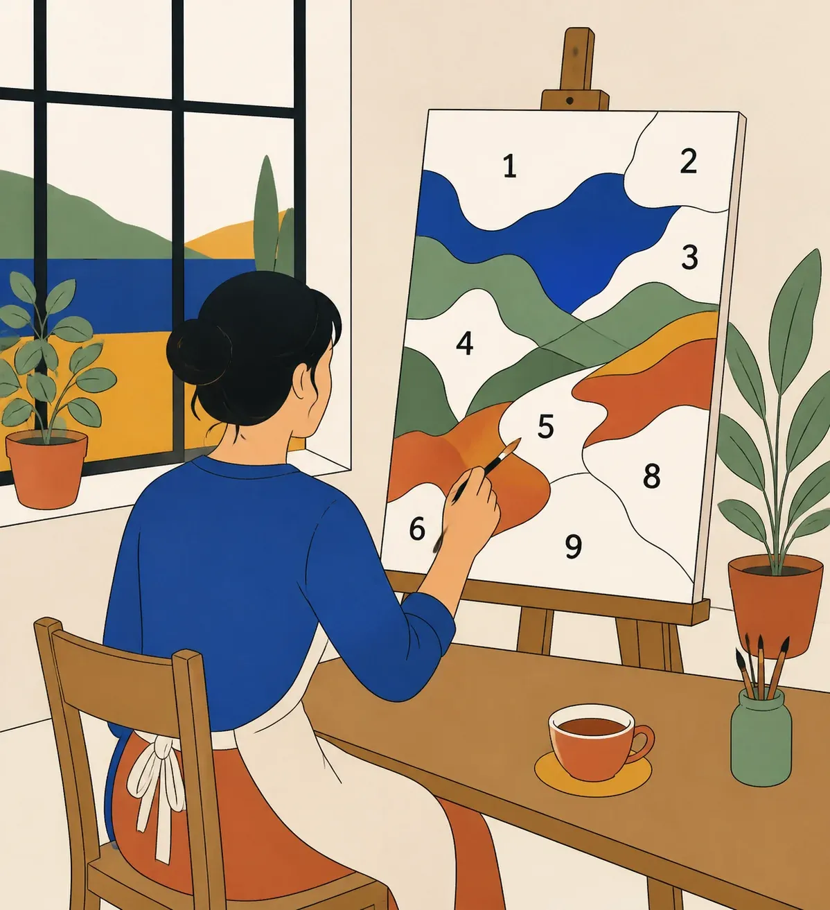 Mains posant tranquillement de la couleur sur une toile numérotée