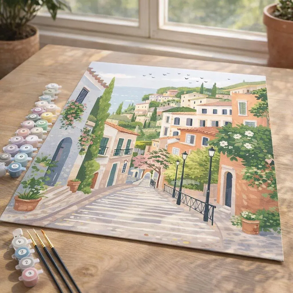 Peinture par numéro Ville à flanc de colline pastel